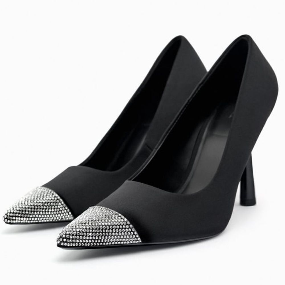 ZARA HIGH HEELED RHINESTONE TOE PUMPS